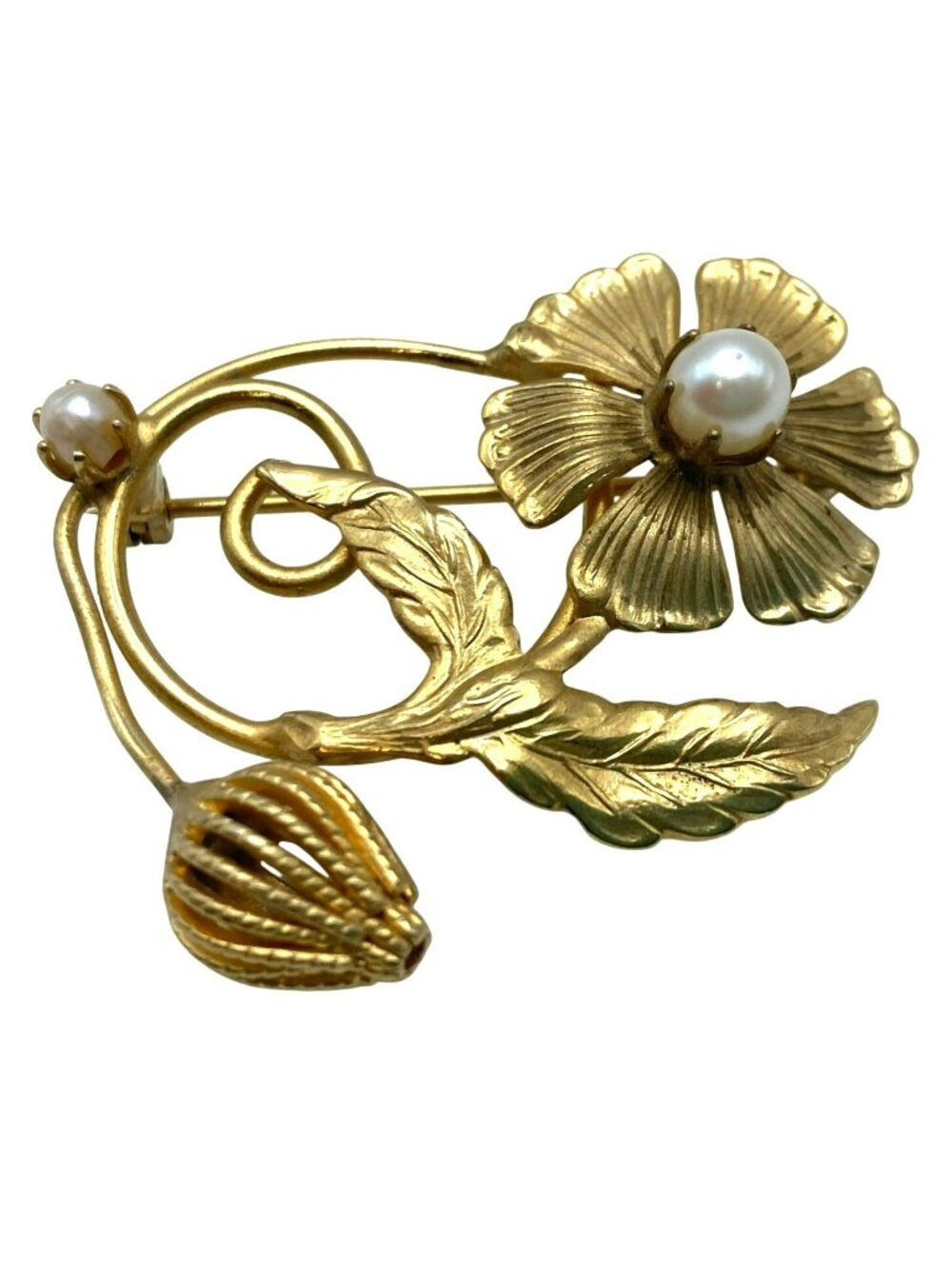 Flower Floral Brooch Faux Pearl Accents Mid Century Modern MCM Gold Tone Brass - Picture 2 of 8